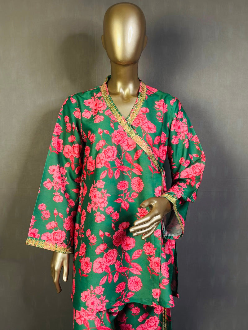 A short floral printed angharka with embroidery work