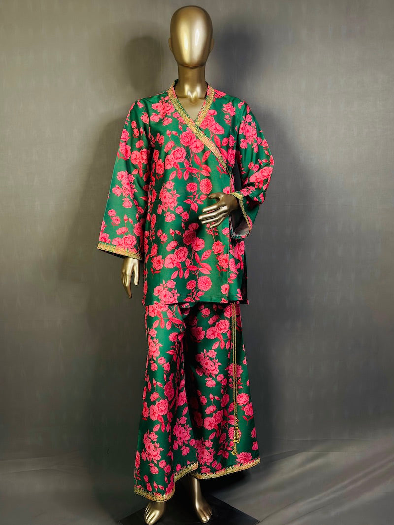 A short floral printed angharka with embroidery work