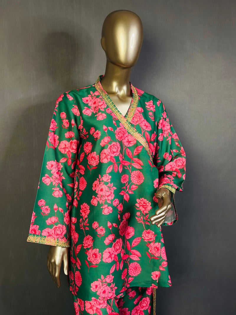 A short floral printed angharka with embroidery work