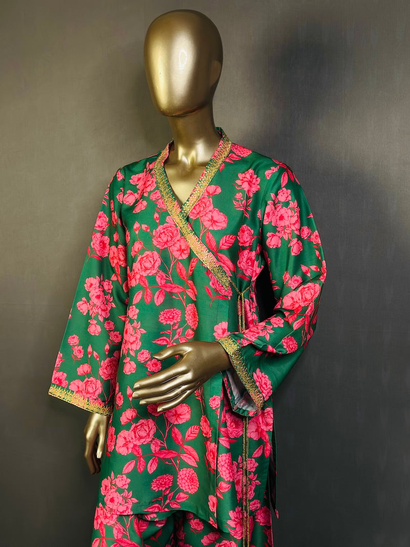 A short floral printed angharka with embroidery work