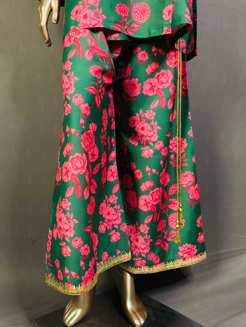 A short floral printed angharka with embroidery work